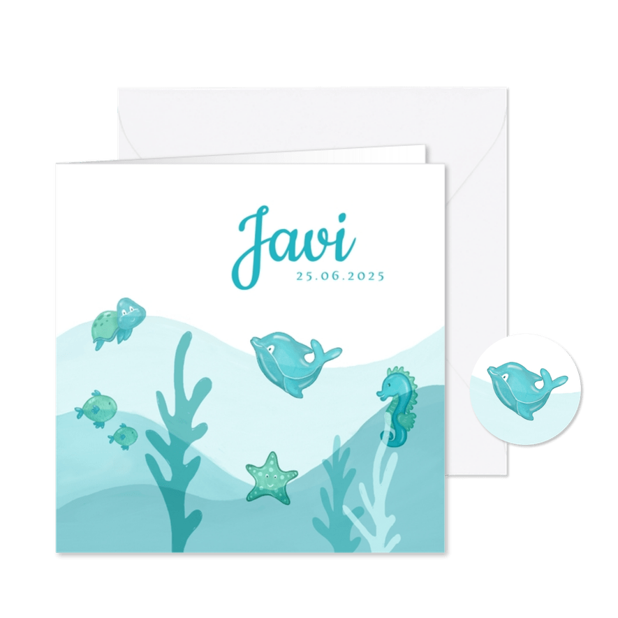 Geboortekaartje zeedieren golven jongen - Kaartimpressie