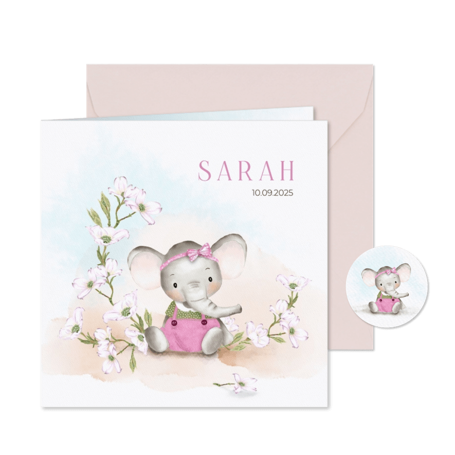 Geboortekaartje zittend olifantje met bloemen - Kaartimpressie
