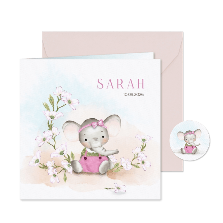 Geboortekaartje zittend olifantje met bloemen - Kaartimpressie