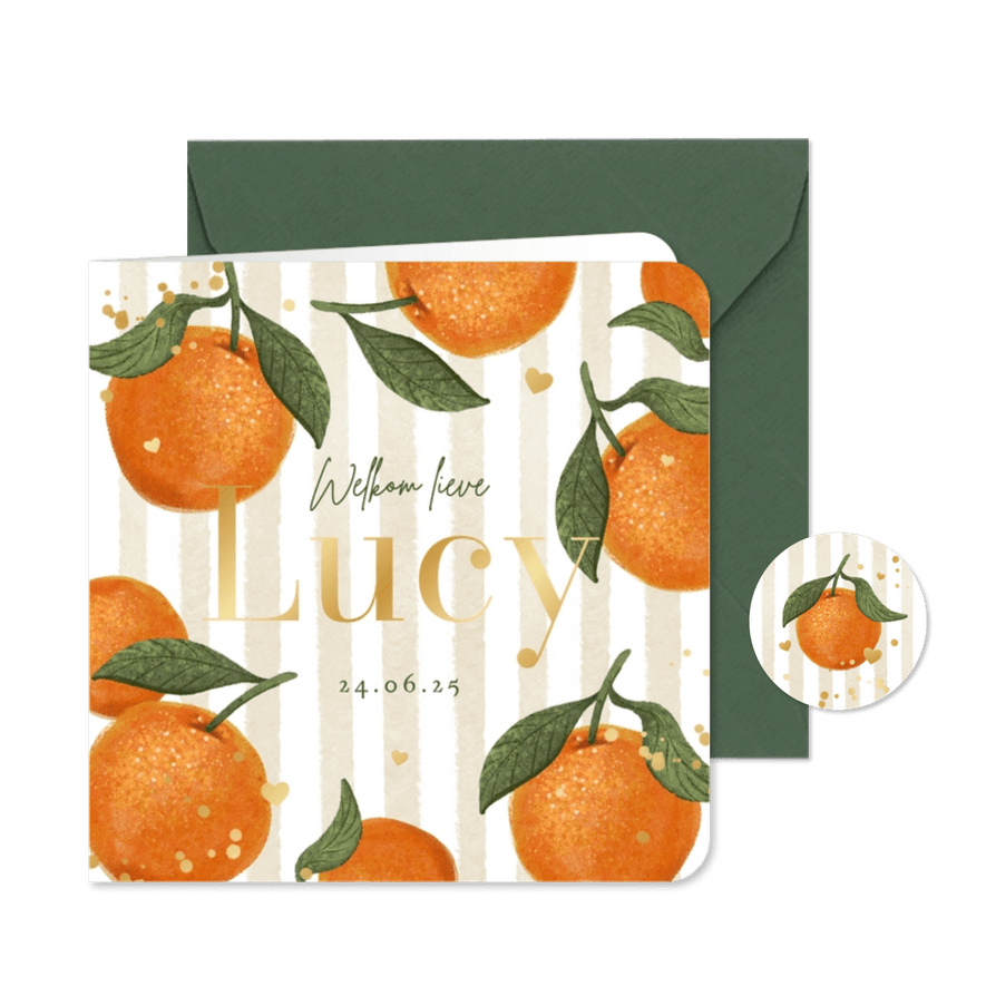 Geboortekaartje zomer fruit mandarijn hartjes goud - Kaartimpressie