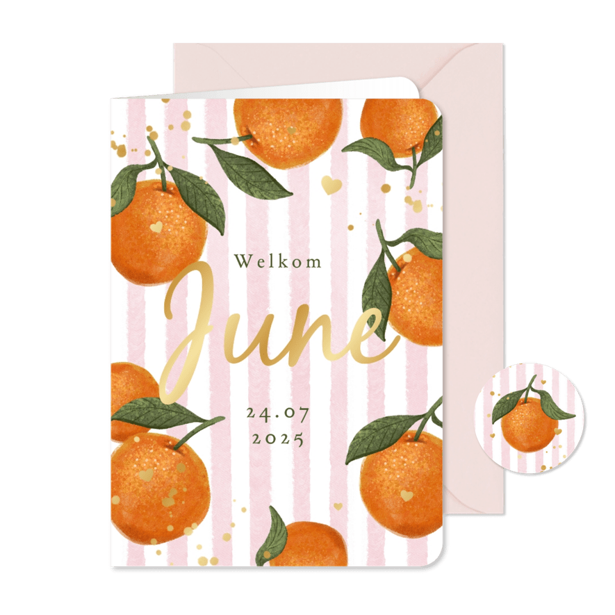Geboortekaartje zomer meisje mandarijn hartjes goud fruit - Kaartimpressie