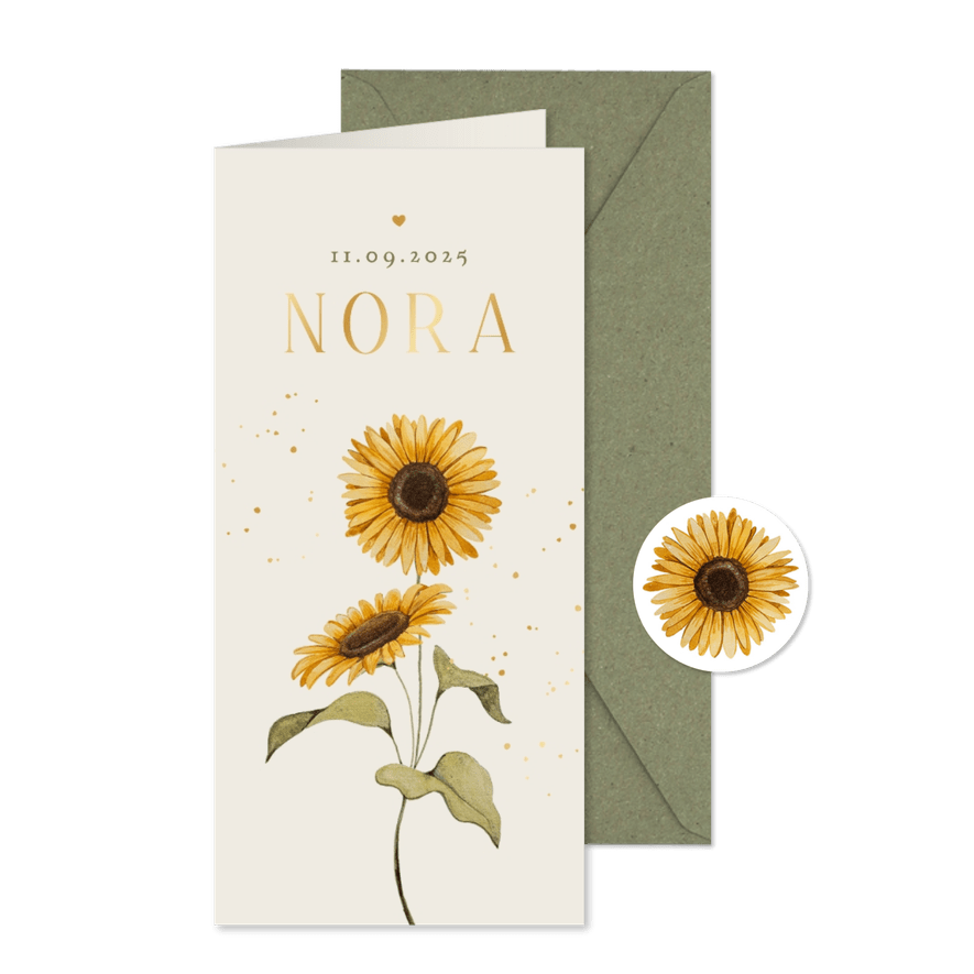 Geboortekaartje zomer zonnebloem goud hartje lief - Kaartimpressie