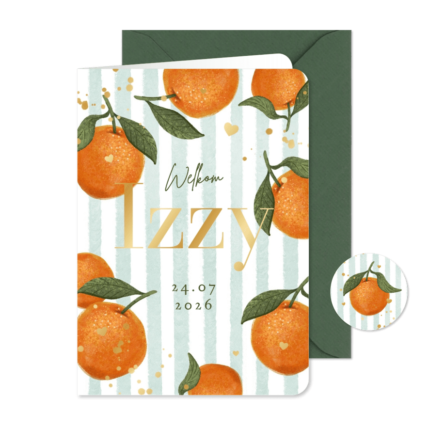 Geboortekaartje zomers mandarijn hartjes goud fruit - Kaartimpressie