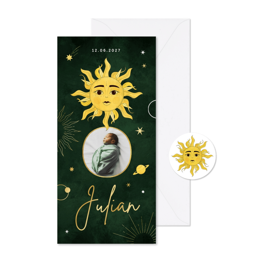 Geboortekaartje zon heelal sterren planeet goud foto - Kaartimpressie