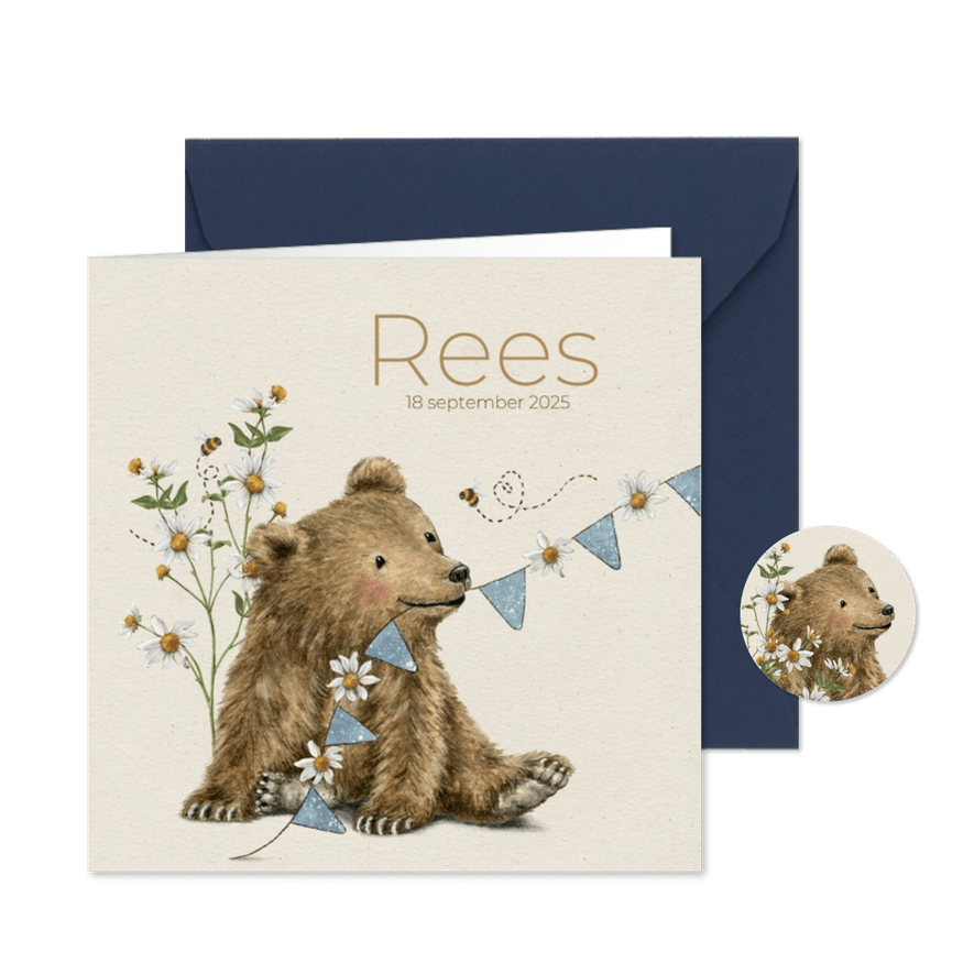 Geboortekaartje zoon met beertje en bijtje tussen de bloemen - Kaartimpressie
