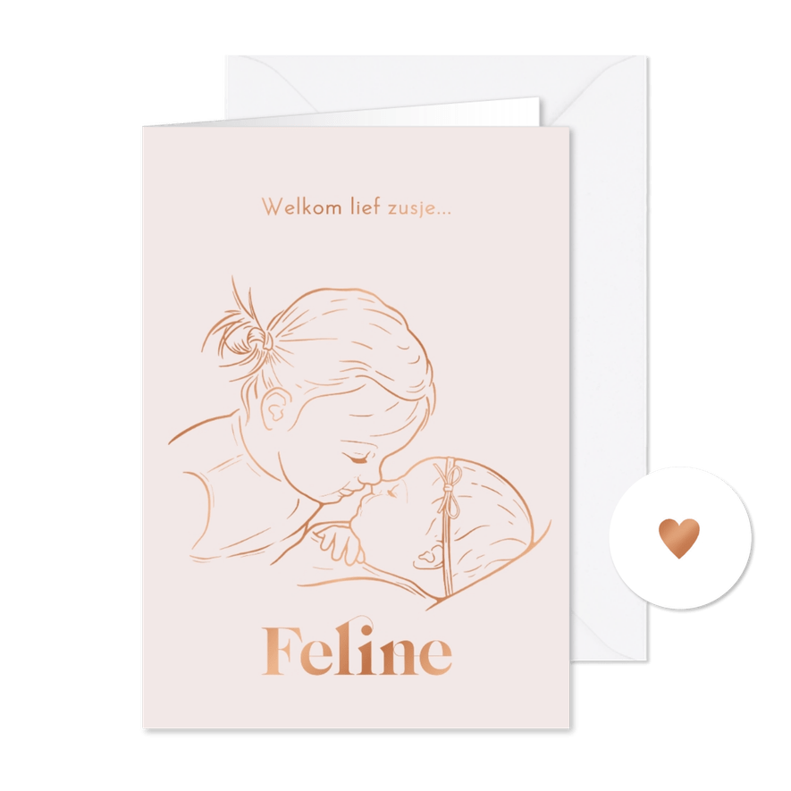 Geboortekaartje zus geeft zusje een kusje koper - Kaartimpressie
