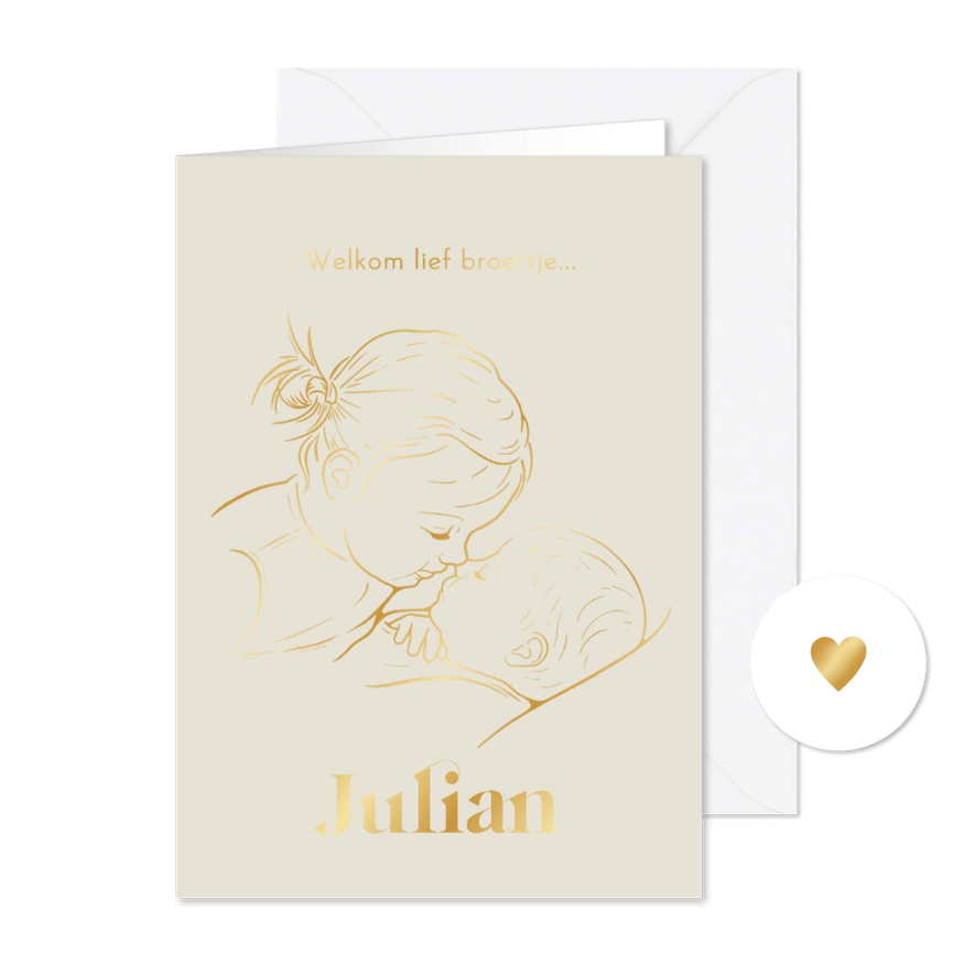 Geboortekaartje zus kust broertje – goudfolie - Kaartimpressie
