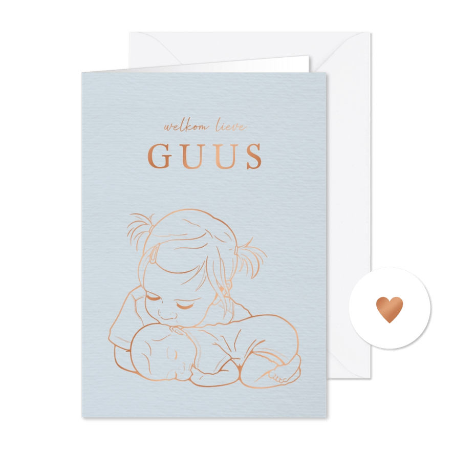 Geboortekaartje zus kust liggend baby’tje – koperfolie - Kaartimpressie