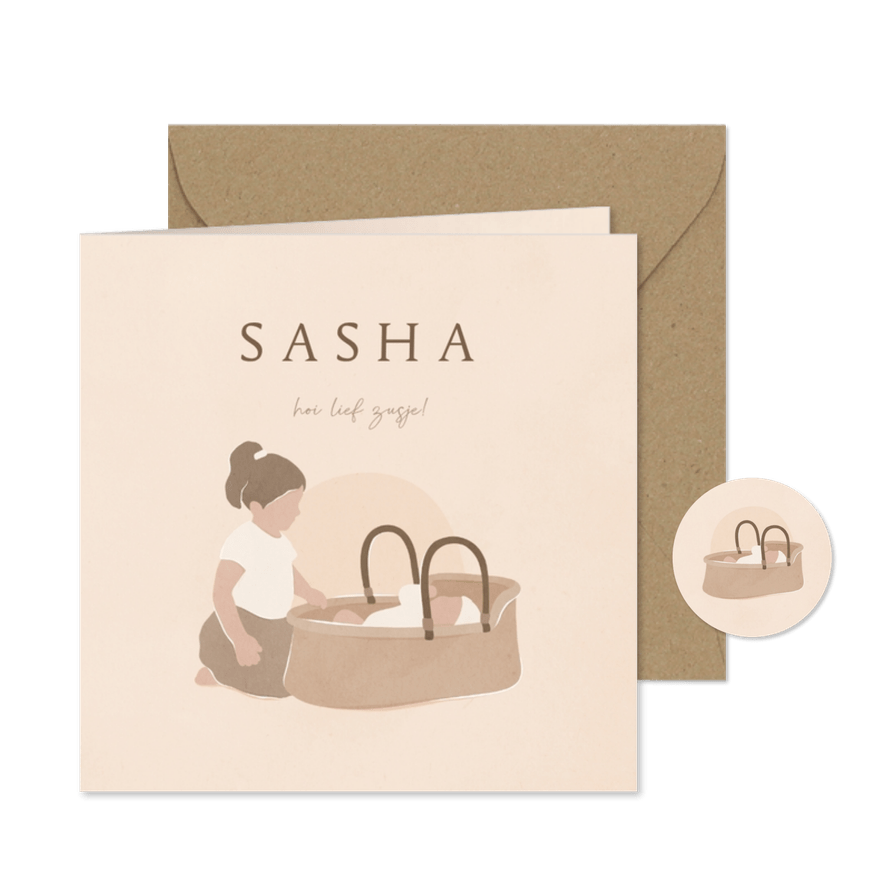 Geboortekaartje zus met illustratie baby in mandje - Kaartimpressie