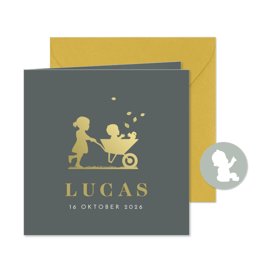 Geboortekaartje zus met kruiwagen goudlook - Kaartimpressie
