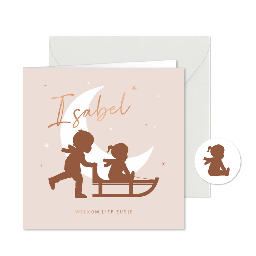 Geboortekaartje zusje broer slee silhouet maan winter - Kaartimpressie