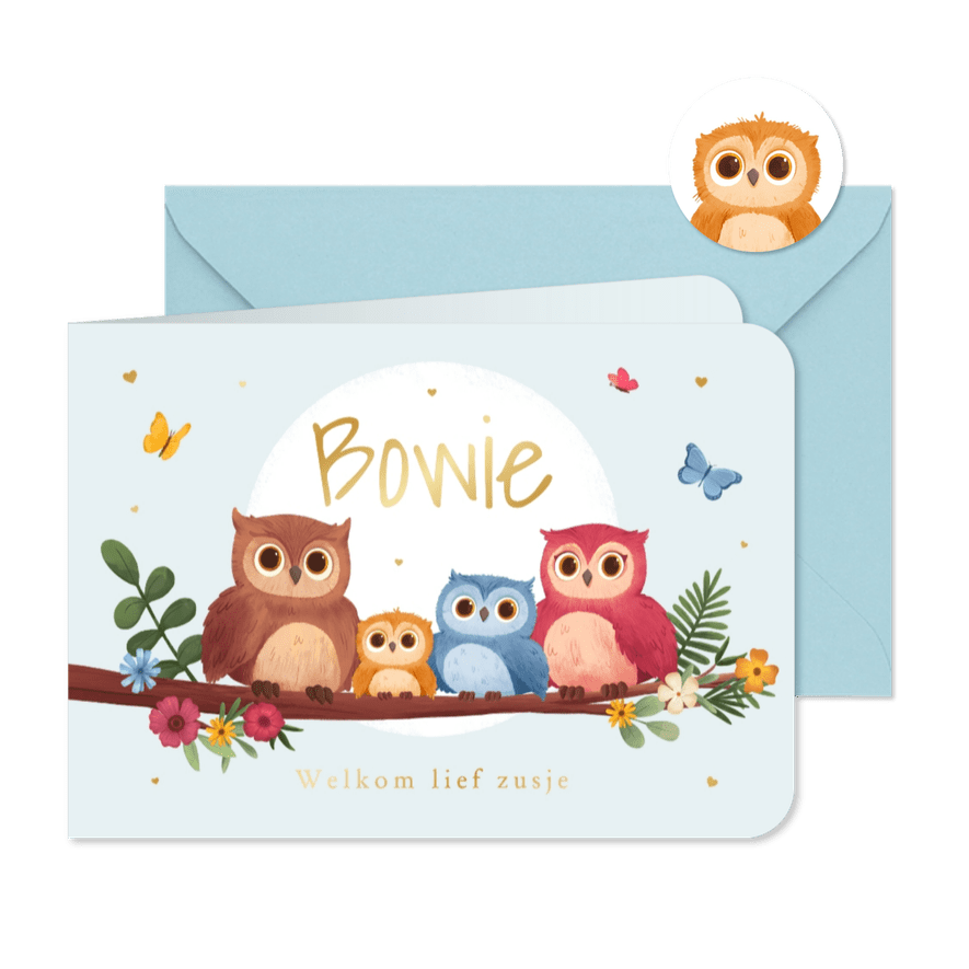 Geboortekaartje zusje broertje uiltjes boom vlinders hartjes - Kaartimpressie