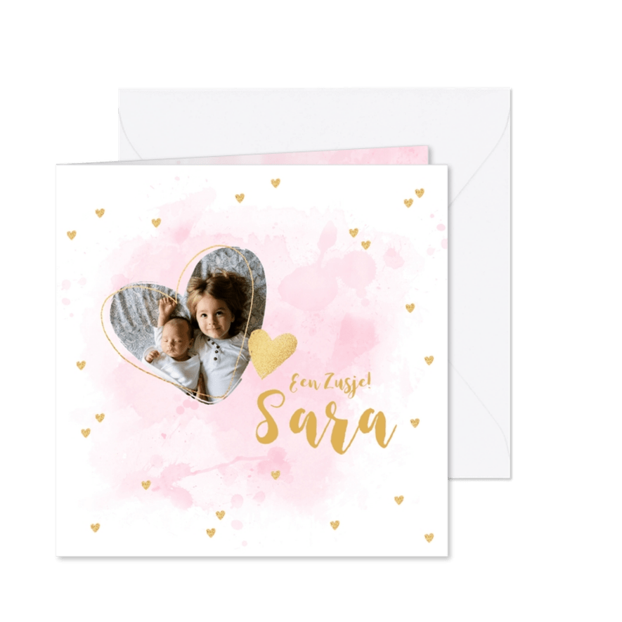 Geboortekaartje zusje foto hartjes aquarel - Kaartimpressie