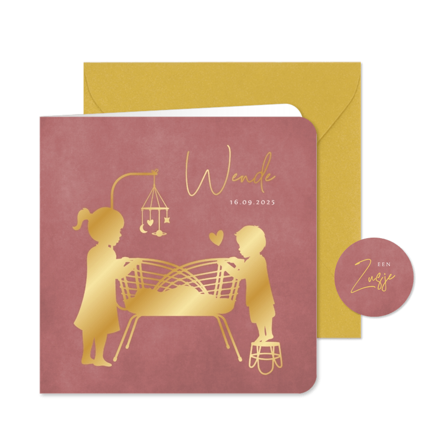Geboortekaartje zusje in wiegje met grote zus en broer - Kaartimpressie