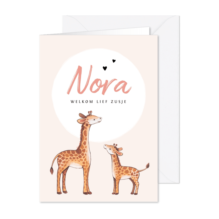 Geboortekaartje zusje lief met giraf illustratie - Kaartimpressie
