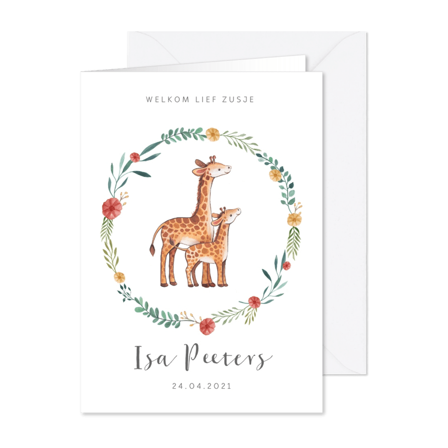 Geboortekaartje zusje lief met twee kleine girafjes - Kaartimpressie