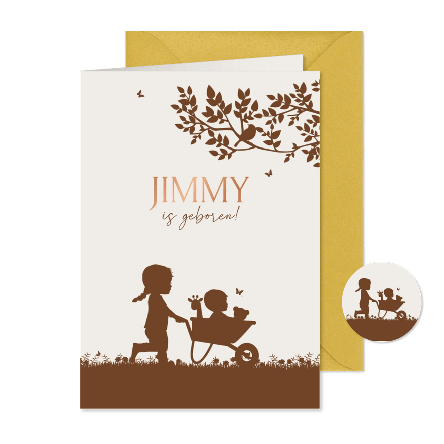 Geboortekaartje zusje met baby broertje in kruiwagen - Kaartimpressie