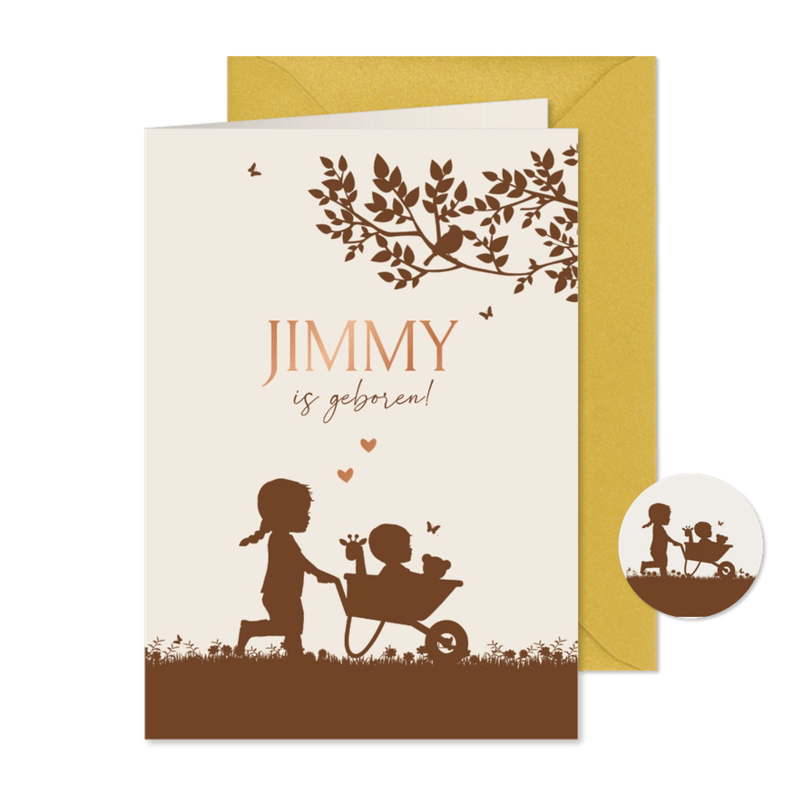 Geboortekaartje zusje met baby broertje in kruiwagen - Kaartimpressie