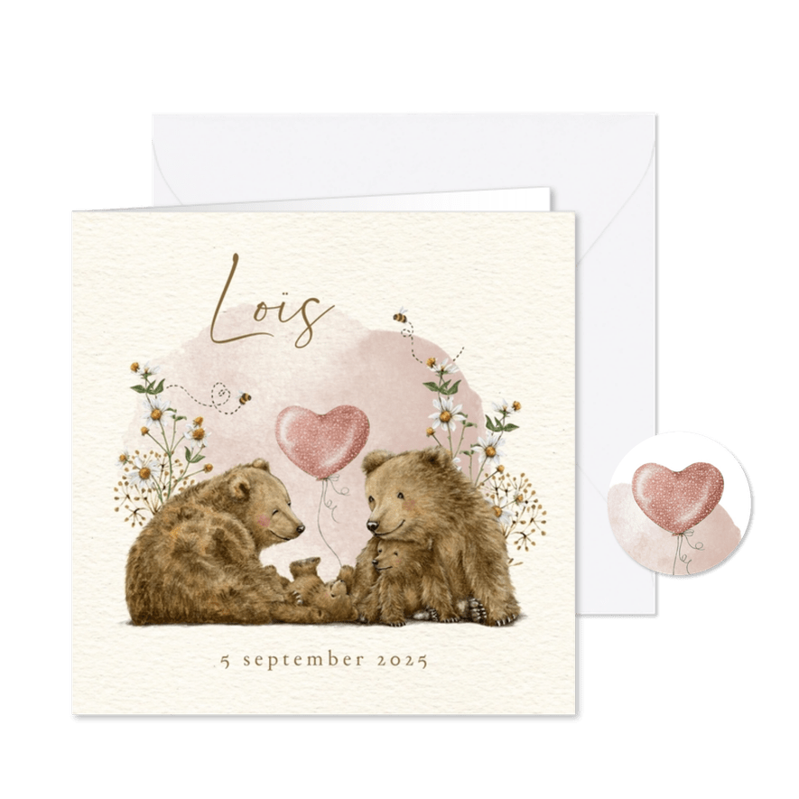 Geboortekaartje zusje met beertjes tussen de bloemen - Kaartimpressie