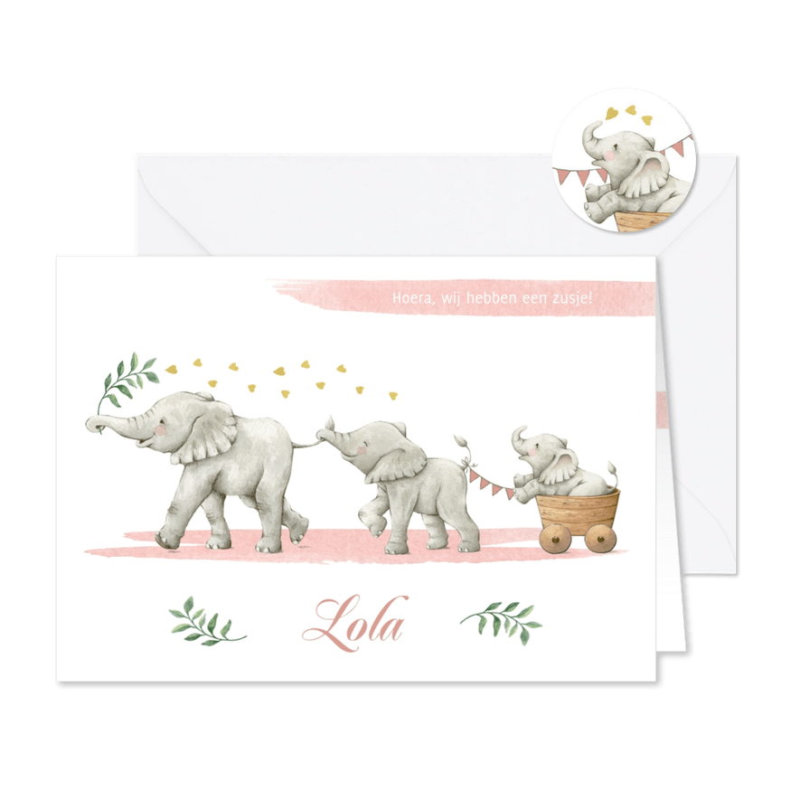 Geboortekaartje zusje met drie vrolijke olifantjes - Kaartimpressie
