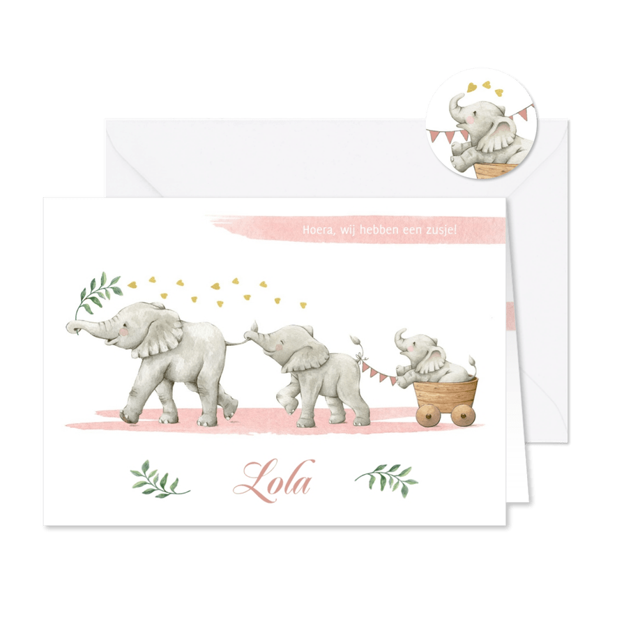 Geboortekaartje zusje met drie vrolijke olifantjes - Kaartimpressie