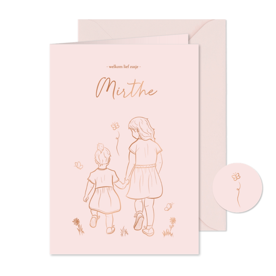 Geboortekaartje zusje met lijntekening en vlinder koperfolie - Kaartimpressie