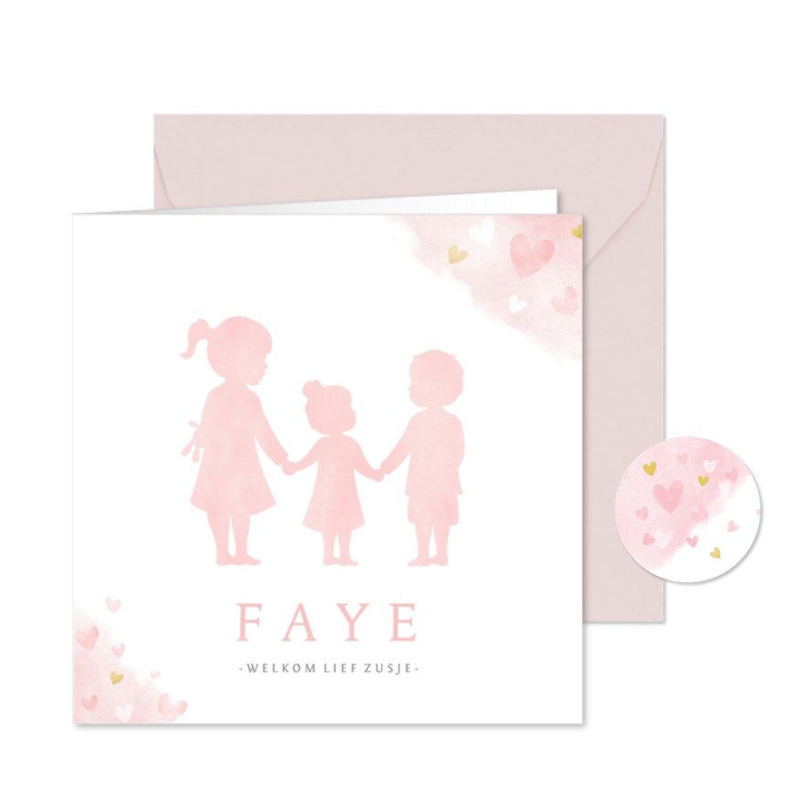 Geboortekaartje zusje met silhouet van grote zus en broer - Kaartimpressie