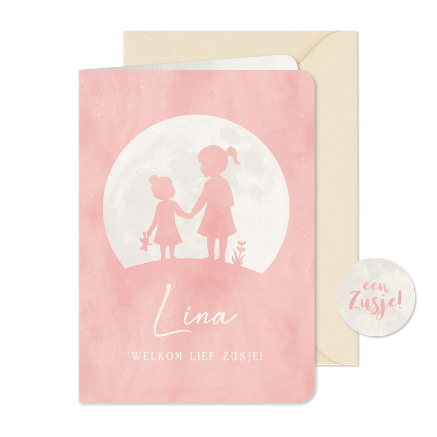 Geboortekaartje zusje met zus hand in hand in roze - Kaartimpressie