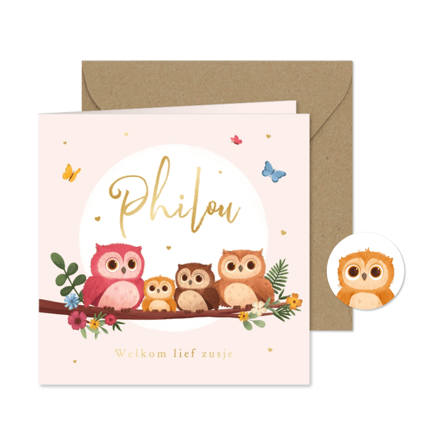 Geboortekaartje zusje uiltjes lief schattig boom bloemen - Kaartimpressie
