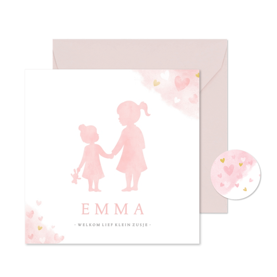Geboortekaartje zusje - waterverf met roze en gouden hartjes - Kaartimpressie