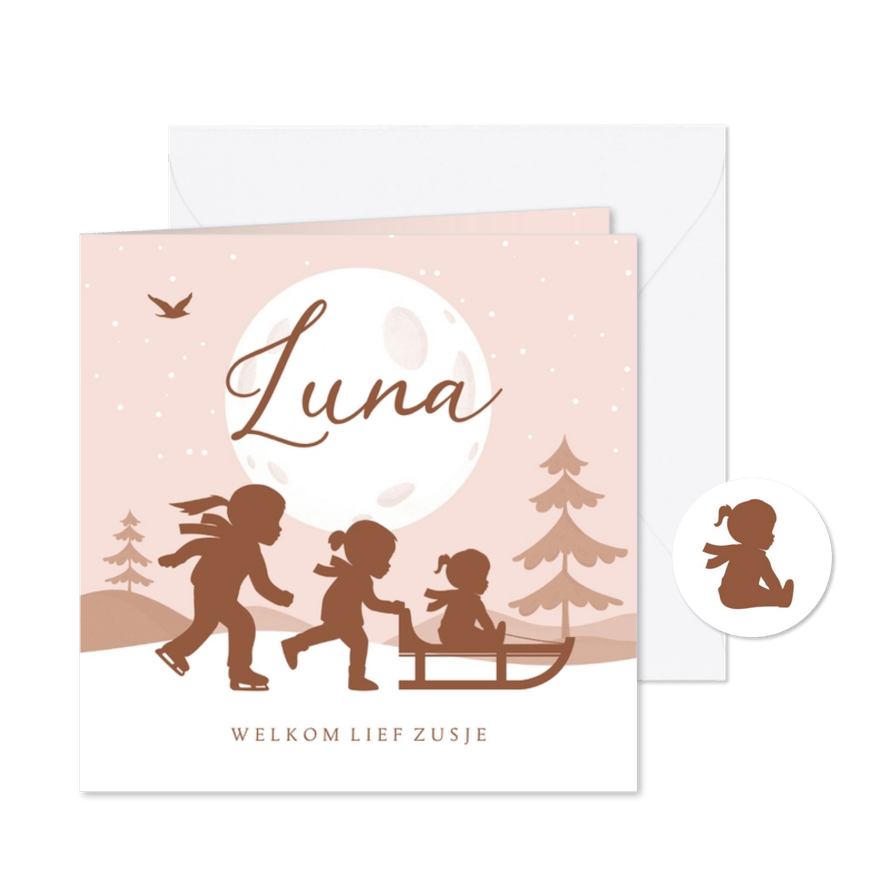 Geboortekaartje zusje winter slee sneeuw silhouetjes - Kaartimpressie