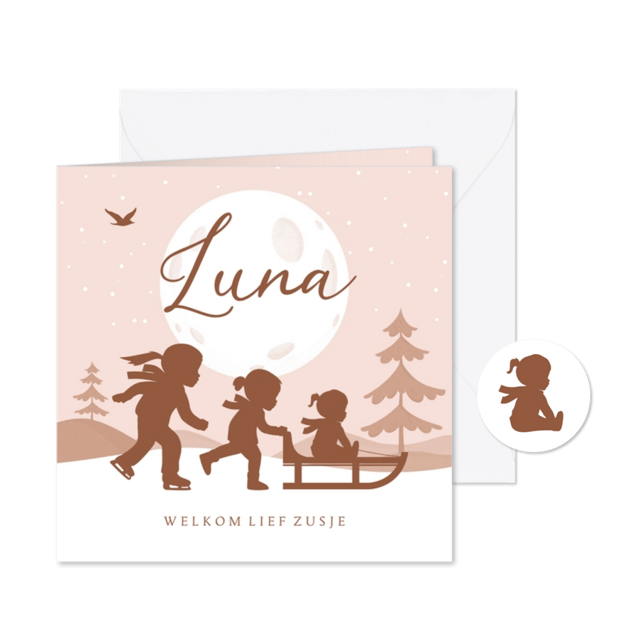 Geboortekaartje zusje winter slee sneeuw silhouetjes - Kaartimpressie