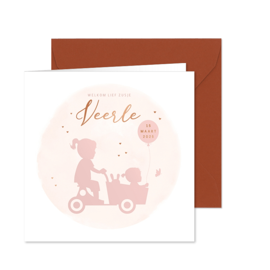 Geboortekaartje zusjes in houten bakfiets watercolor - Kaartimpressie