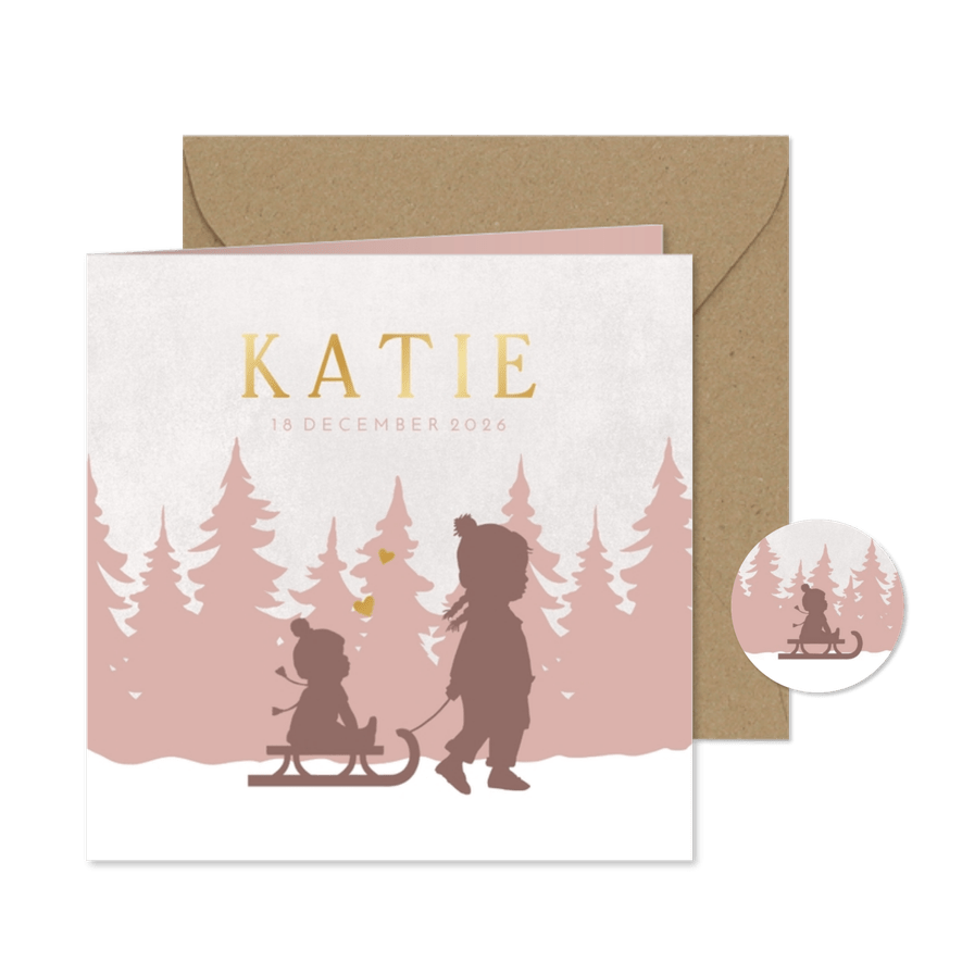 Geboortekaartje zusjes met slee - Kaartimpressie