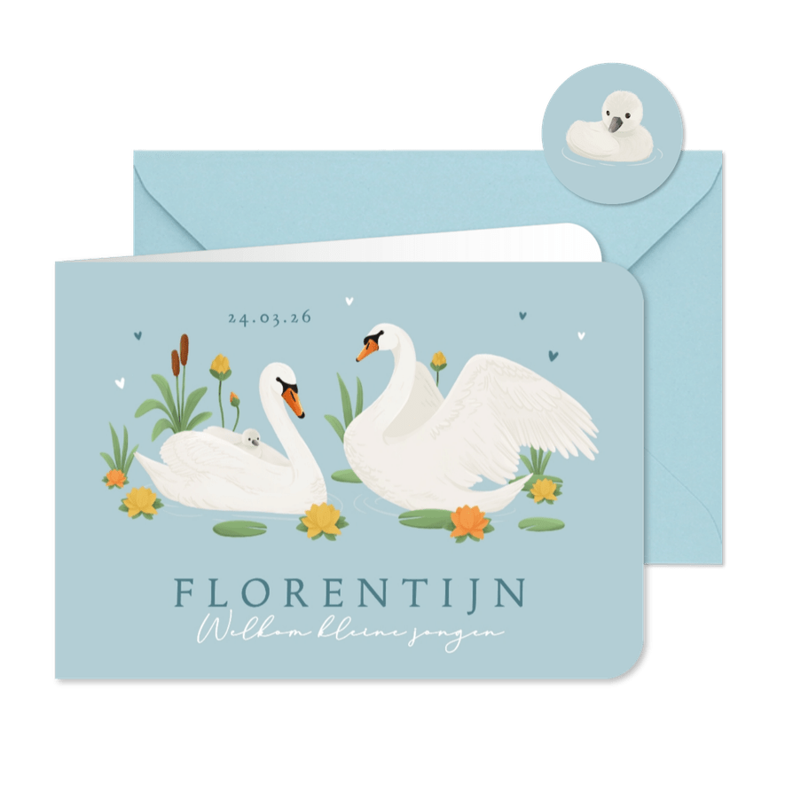 Geboortekaartje zwaan waterlelie blauw stijlvol gezin - Kaartimpressie
