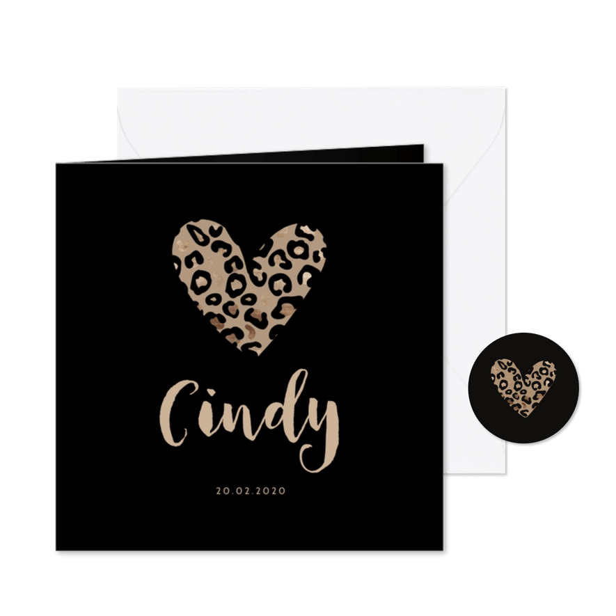 Geboortekaartje zwart panterprint hartje - Kaartimpressie