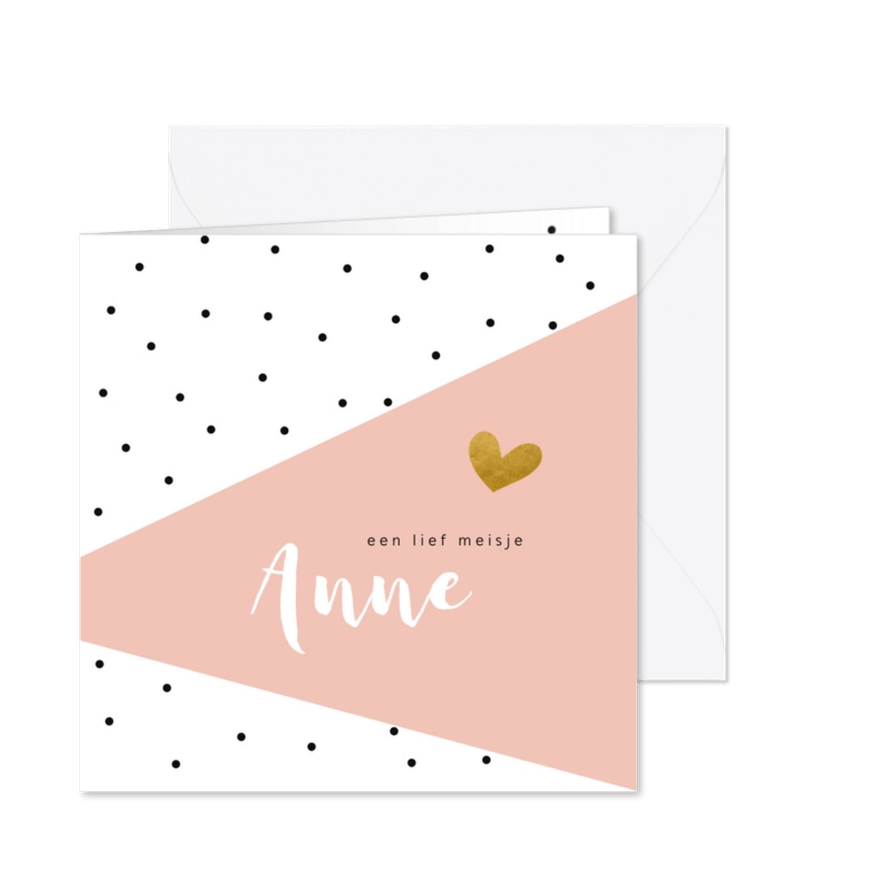 Geboortekaartje zwarte stipjes met roze vlak en goud hartje - Kaartimpressie