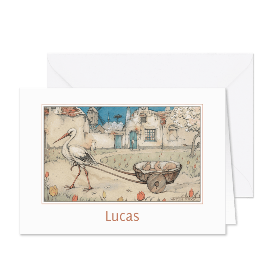 Geboortekaartjes baby in wiegje getrokken door ooievaar - Kaartimpressie