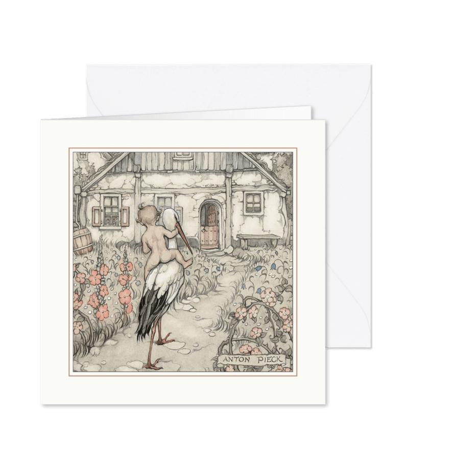 Geboortekaartjes - Baby op rug ooievaar richting huis - Kaartimpressie