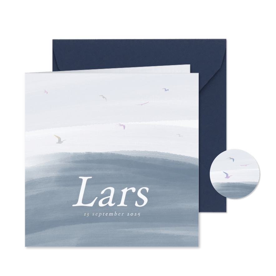 Geboortekaartjes blauwe waterverf met folie vogeltjes - Kaartimpressie