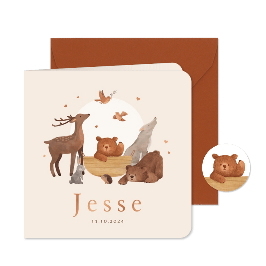 Geboortekaartjes bosdieren herfst wiegje illustratie - Kaartimpressie