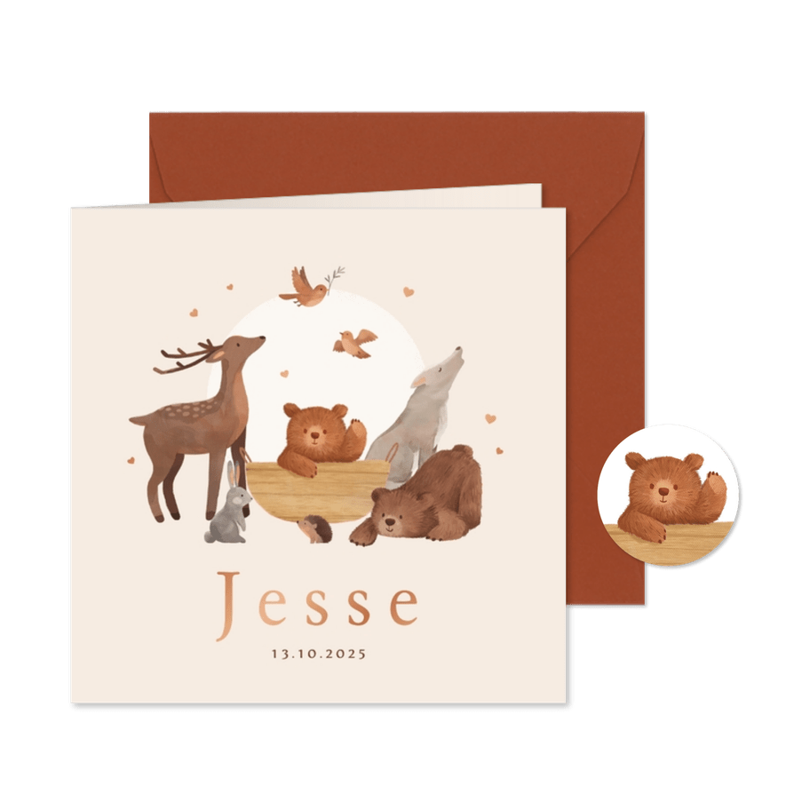 Geboortekaartjes bosdieren herfst wiegje illustratie - Kaartimpressie