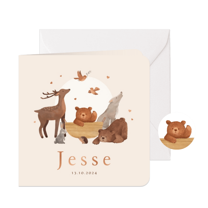 Geboortekaartjes bosdieren herfst wiegje illustratie - Kaartimpressie