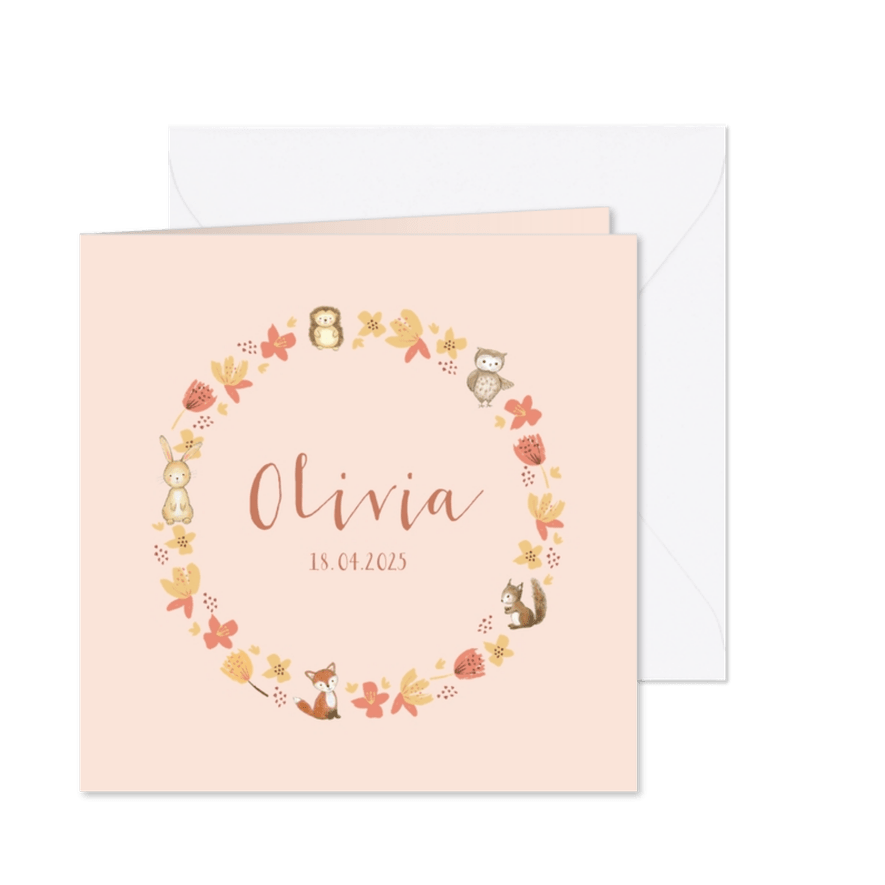 Geboortekaartjes - Bosdieren in bloemenkrans - Kaartimpressie