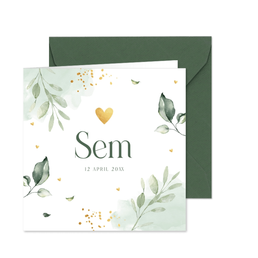 Geboortekaartjes jongen botanisch bladeren groen watercolour - Kaartimpressie