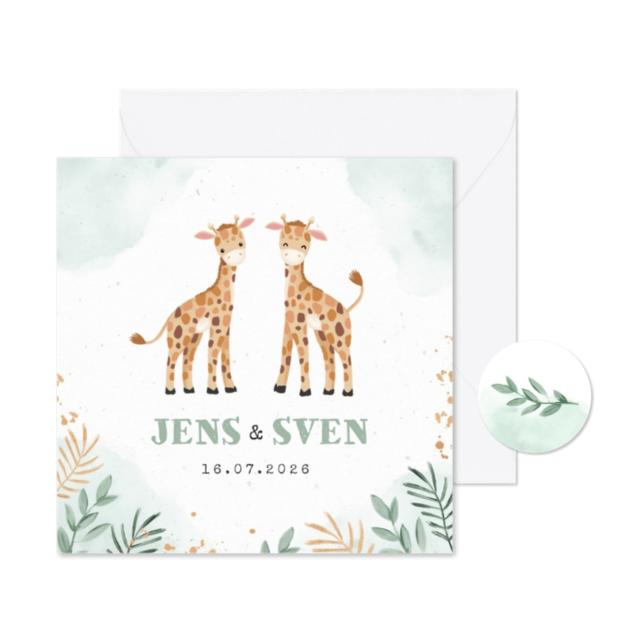 Geboortekaartjes tweeling giraf dieren botanisch goud - Kaartimpressie