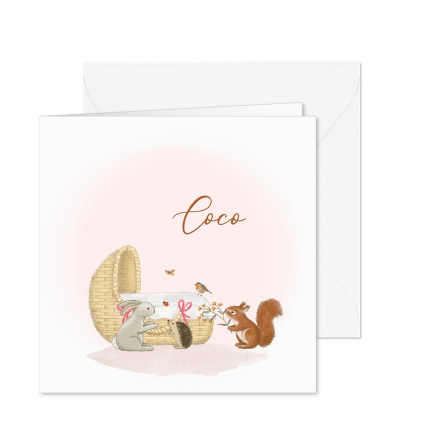 Geboortekaartjes wiegje meisje met bosdieren  - Kaartimpressie