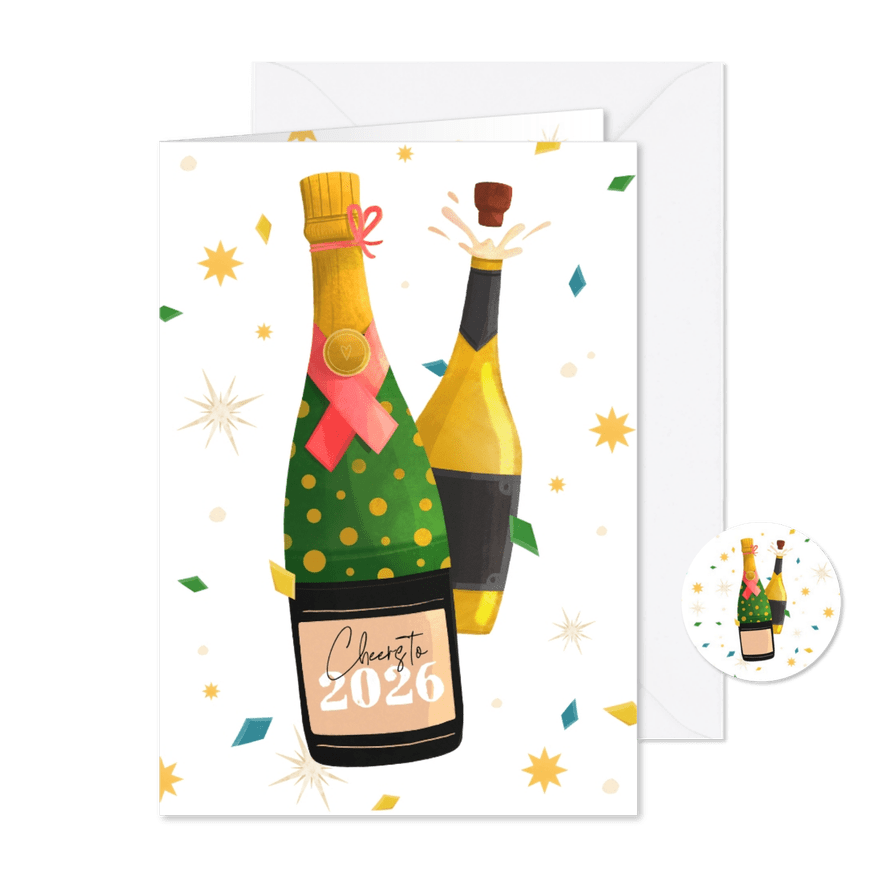 Geïllustreerde nieuwjaarskaart champagne sterren confetti - Kaartimpressie