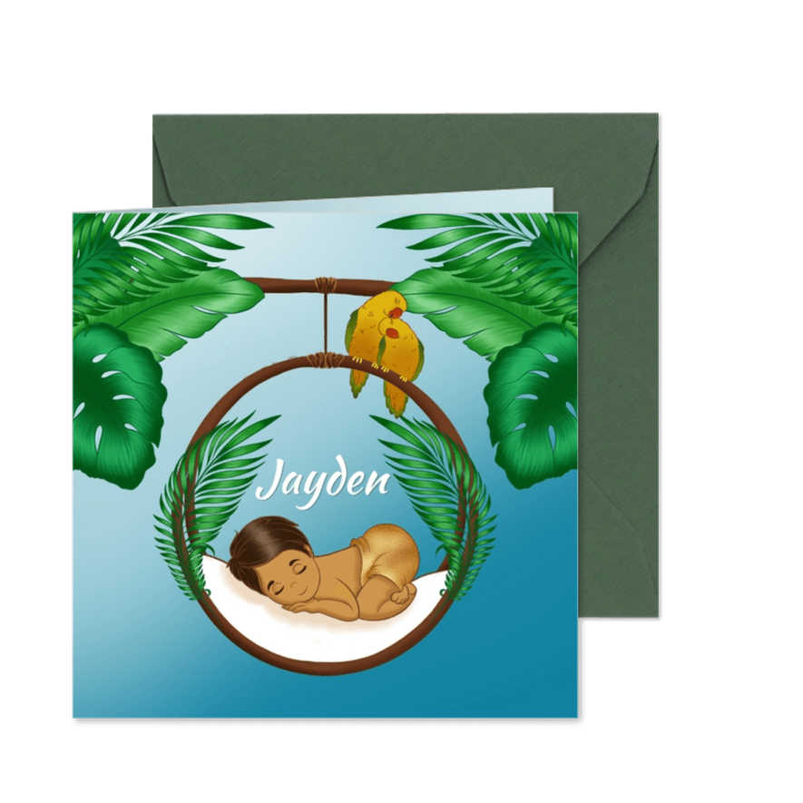 Gekleurd bruin kindje slapend in een wiegje in de jungle  - Kaartimpressie