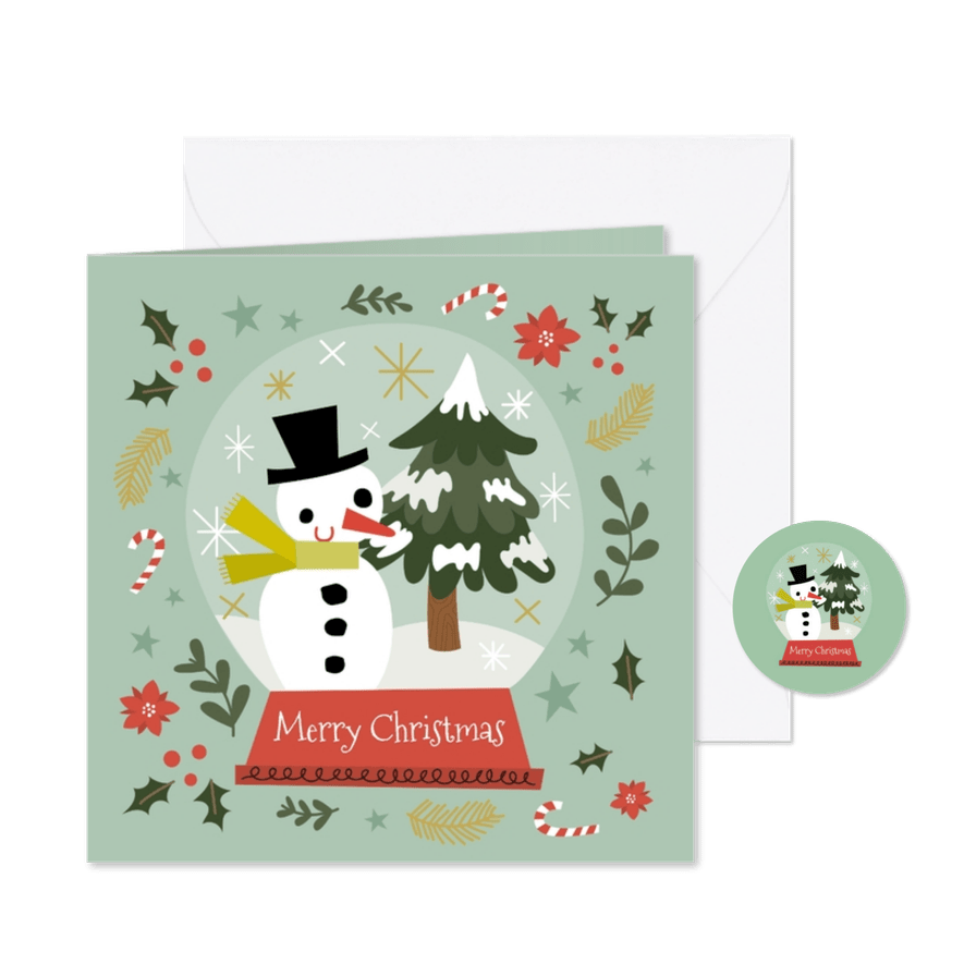 Geïllustreerde kerstkaart met leuke illustratie sneeuwbol - Kaartimpressie